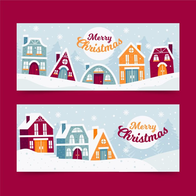 Colección de banners de pueblo navideño en diseño plano