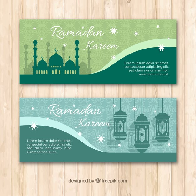 Vector gratuito colección de banners de ramadán con lámparas y mezquita