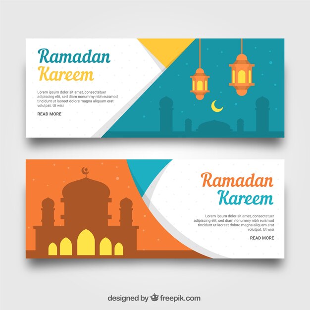 Colección de banners de ramadán con mezquita en estilo plano