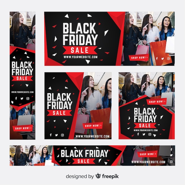 Colección de banners de rebajas de black friday con mujeres de compras