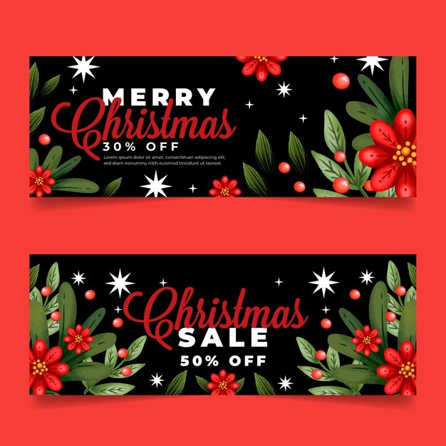 Colección de banners de rebajas de navidad en acuarela