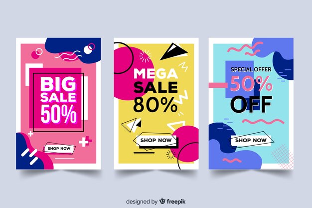 Colección de banners de venta en estilo memphis