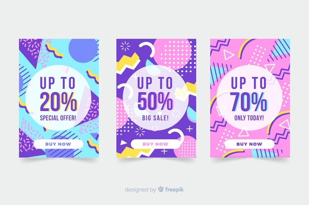 Colección de banners de venta en estilo memphis