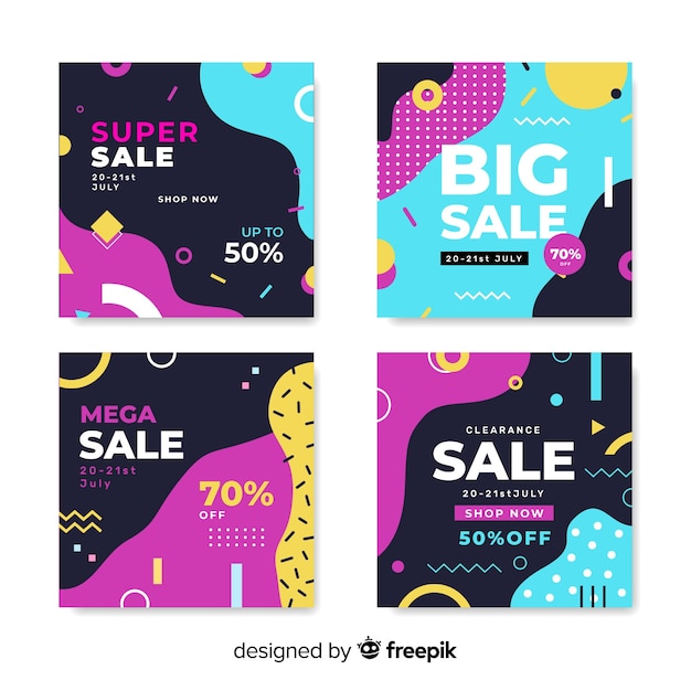 Colección de banners de ventas en estilo memphis