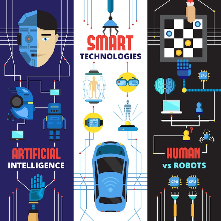 Vector gratuito colección de banners verticales de inteligencia artificial de robots cyborg y elementos de tecnologías futuristas