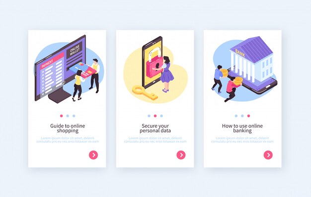 Colección de banners verticales isométricos en línea de banca móvil con botones de texto e imágenes de personas y dispositivos electrónicos