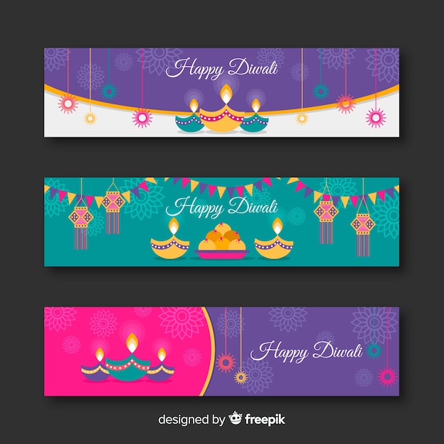 Vector gratuito colección de banners web de diwali con diseño plano