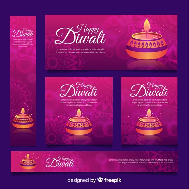 Colección de banners web de diwali con diseño plano