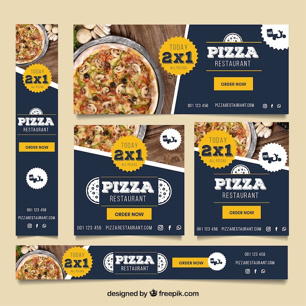 Colección de banners web de pizzerías con fotos