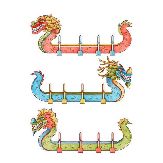Colección barco dragón acuarela pintada a mano