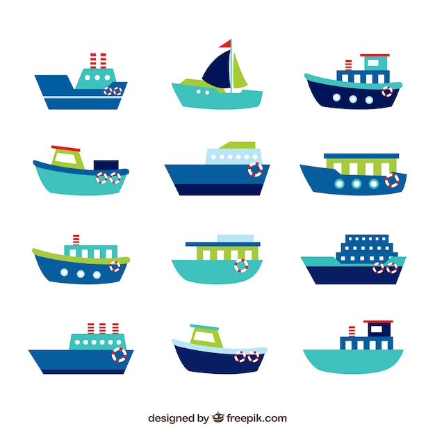 Colección de barcos azules con detalles verdes y rojos