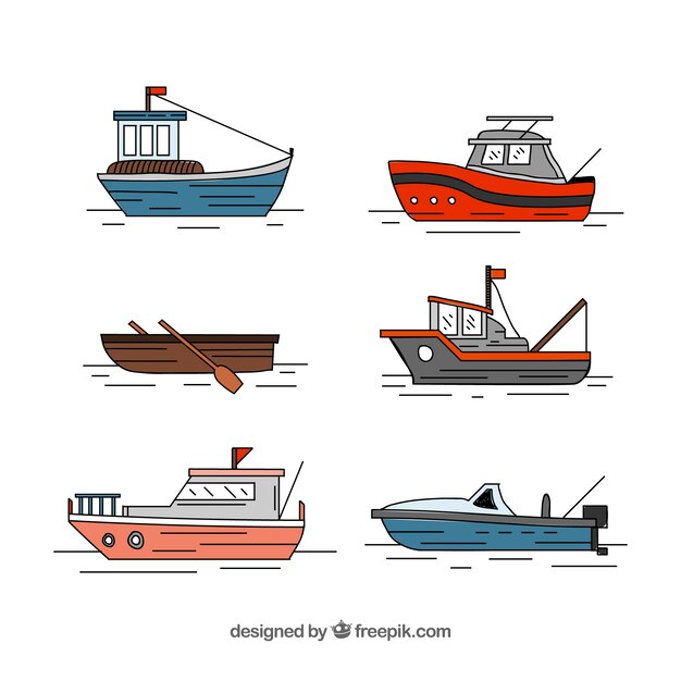 Colección de barcos pesqueros dibujados a mano
