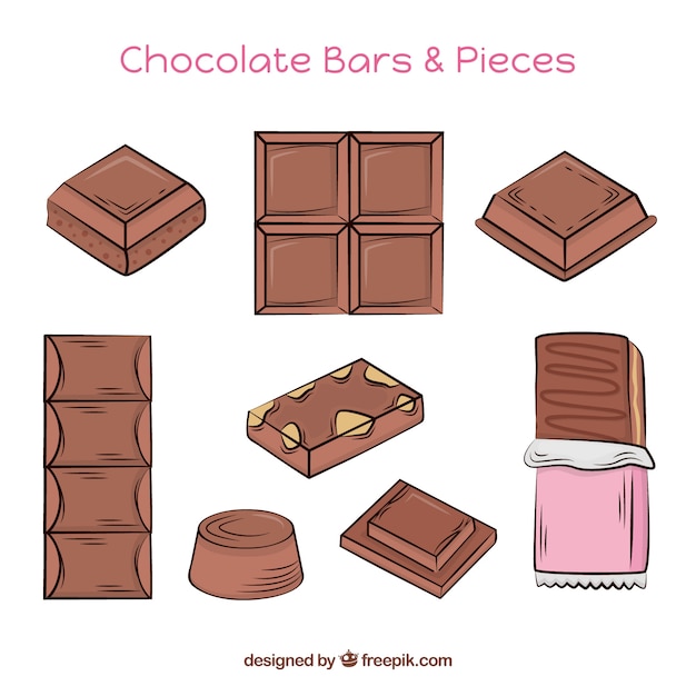 Colección de barras de barras y trozos de chocolate