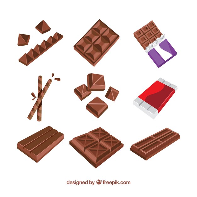 Colección de barras de barras y trozos de chocolate
