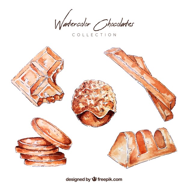 Colección de barras y bombones de chocolate en estilo acuarela