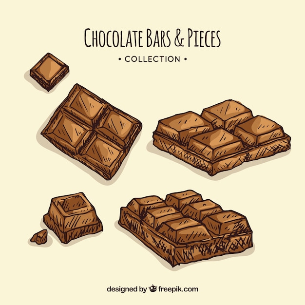 Colección de barras y piezas de chocolate dibujadas a mano