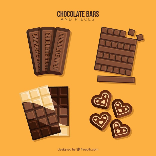 Colección de barras y trozos de chocolate con formas y sabores diferentes