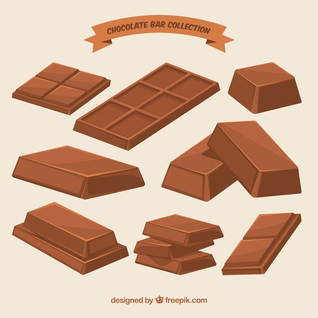 Colección de barras y trozos de chocolate con formas y sabores diferentes