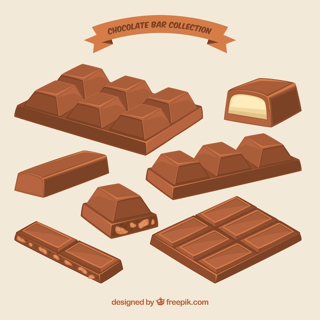 Colección de barras y trozos de chocolate con formas y sabores diferentes