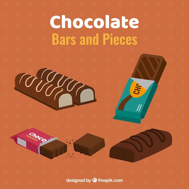 Vector gratuito colección de barras y trozos de chocolate con formas y sabores diferentes