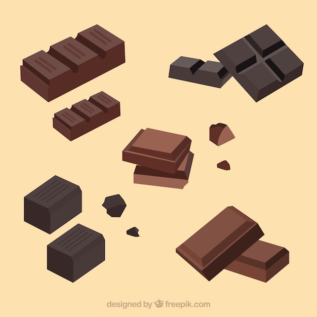 Colección de barras y trozos de chocolate con formas y sabores diferentes