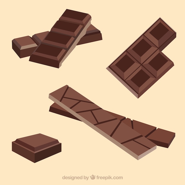 Vector gratuito colección de barras y trozos de chocolate con formas y sabores diferentes