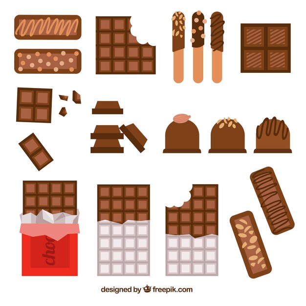 Colección de barras y trozos de chocolate con formas y sabores diferentes