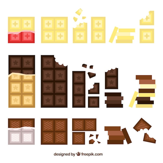 Vector gratuito colección de barras y trozos de chocolate con formas y sabores diferentes