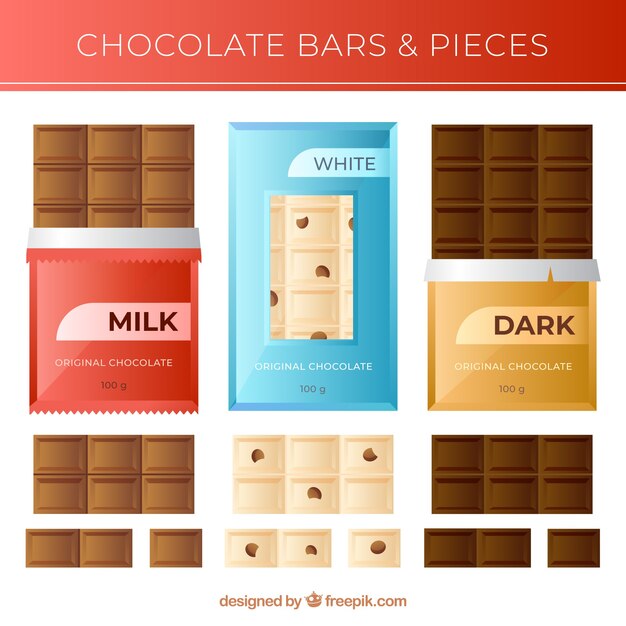 Colección de barras y trozos de chocolate con formas y sabores diferentes