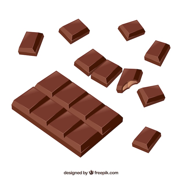 Vector gratuito colección de barras y trozos de chocolate con formas y sabores diferentes