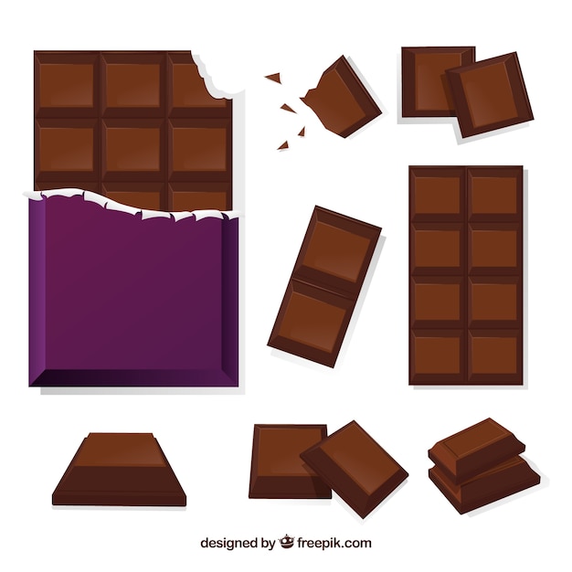 Vector gratuito colección de barras y trozos de chocolate con formas y sabores diferentes