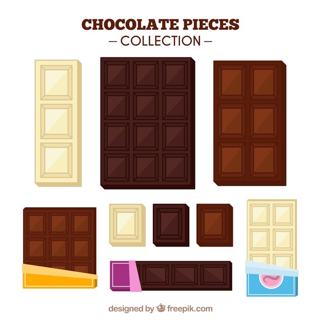 Colección de barras y trozos de chocolate con formas y sabores diferentes
