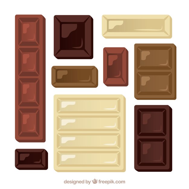 Colección de barras y trozos de chocolate con formas y sabores diferentes