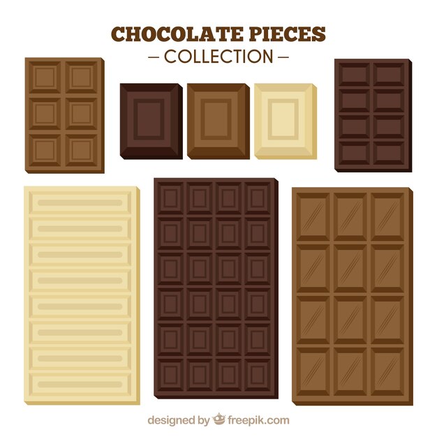 Colección de barras y trozos de chocolate con formas y sabores diferentes
