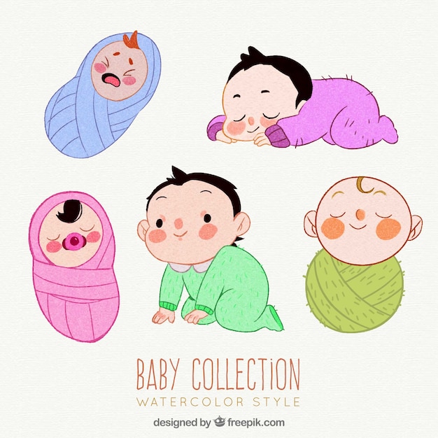 Vector gratuito colección de bebés lindos en estilo acuarela