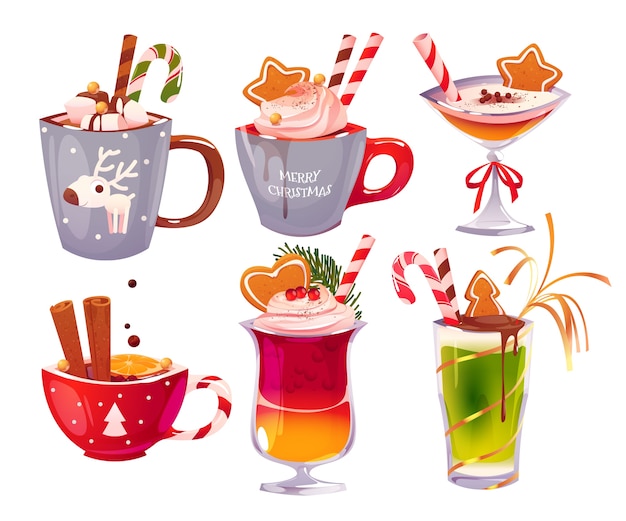 Vector gratuito colección de bebidas alcohólicas navideñas de dibujos animados