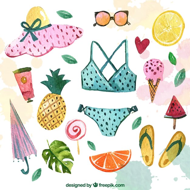 Colección de bikini y accesorios de verano de acuarela