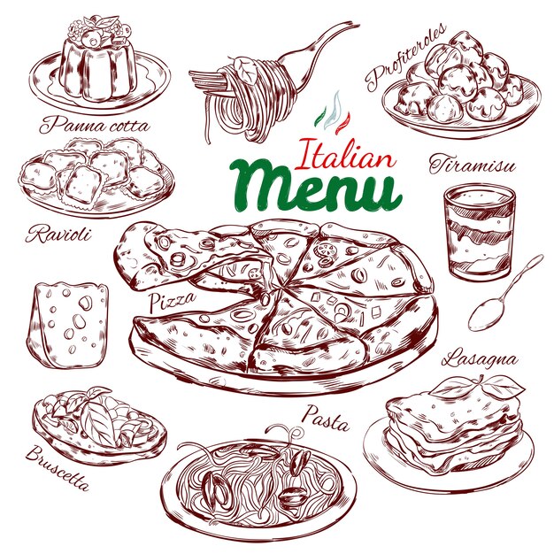 Colección de bocetos de comida italiana