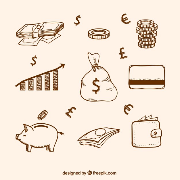Colección de bocetos de elementos de dinero 