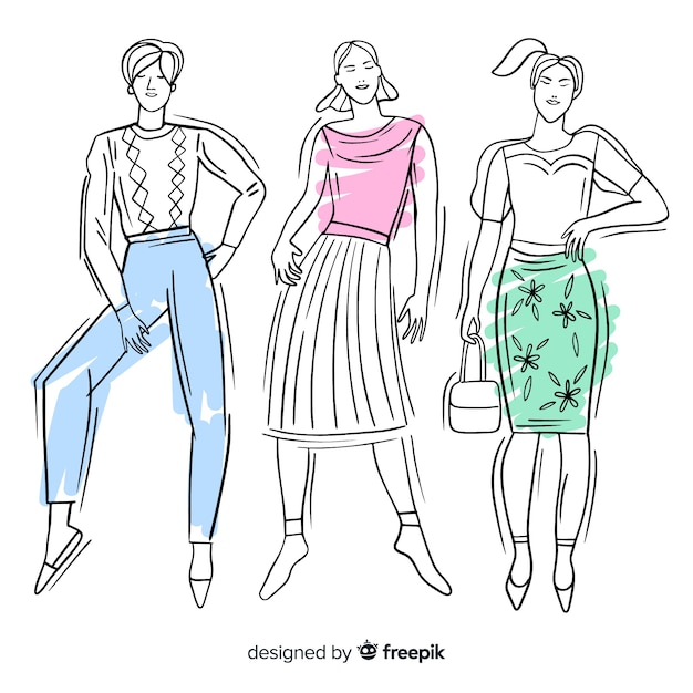 Vector gratuito colección de bocetos de modelos de moda