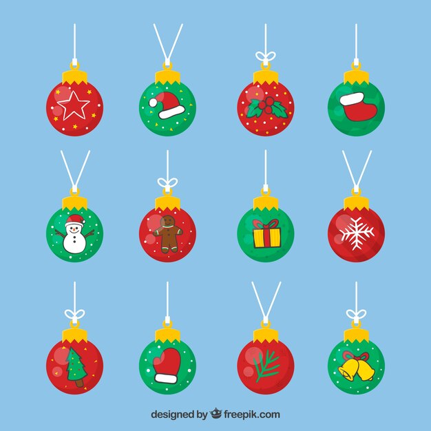 Colección de bolas decorativas de navidad en diseño plano