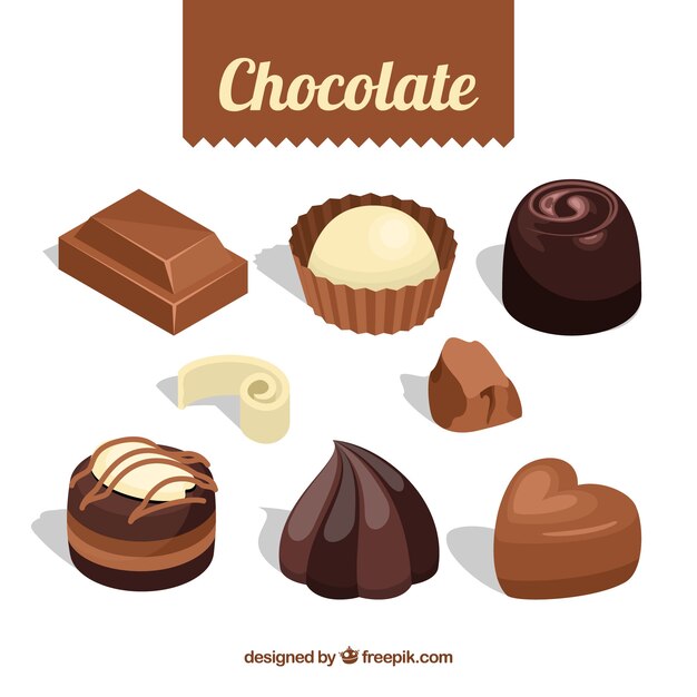 Colección de bombones de chocolate con formas diferentes