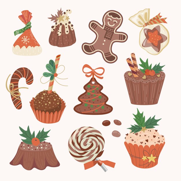 Colección de bombones navideños dibujados a mano
