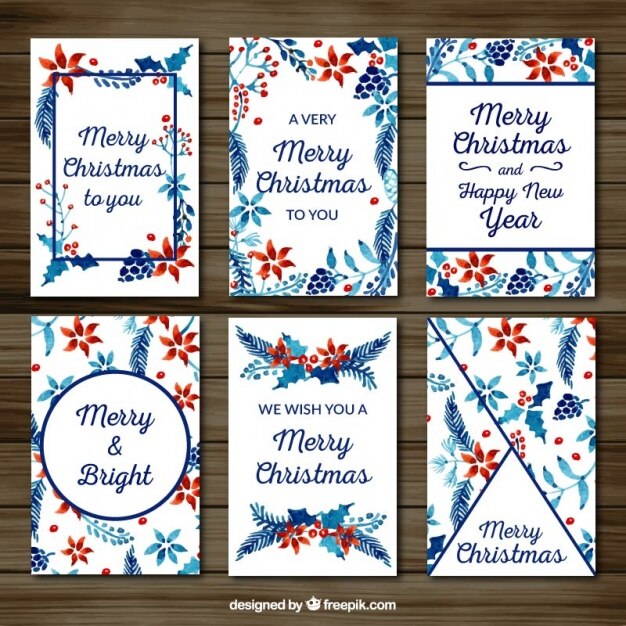 Colección de bonitas tarjetas de navidad florales de acuarela 