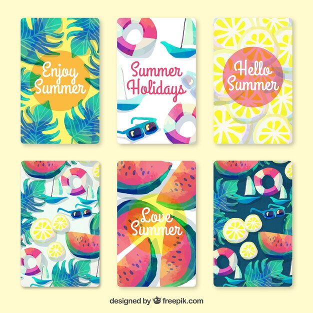 Colección de bonitas tarjetas de verano en efecto acuarela
