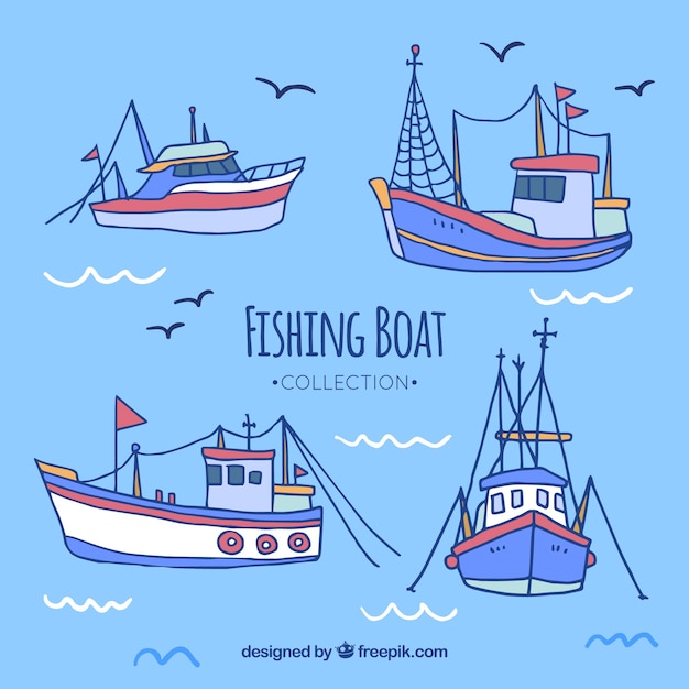 Vector gratuito colección de bonitos barcos pesqueros dibujados a mano