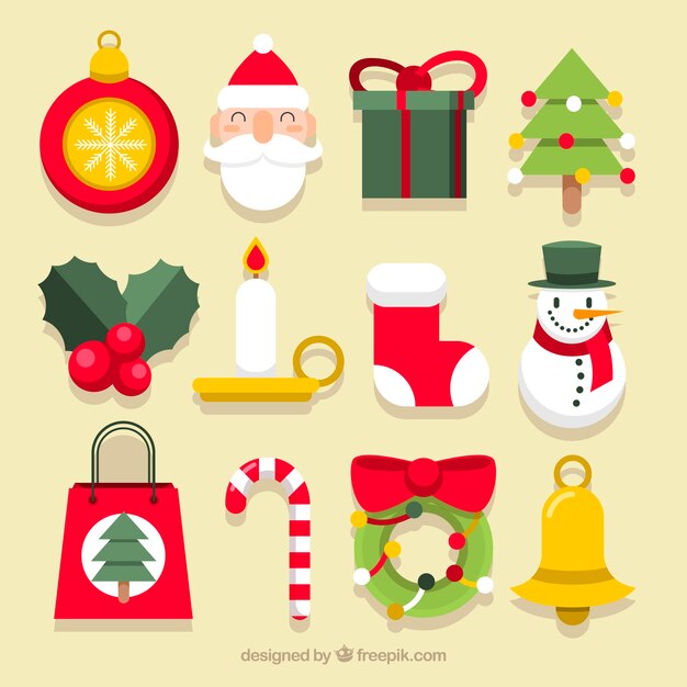 Colección de bonitos elementos de navidad en diseño plano 