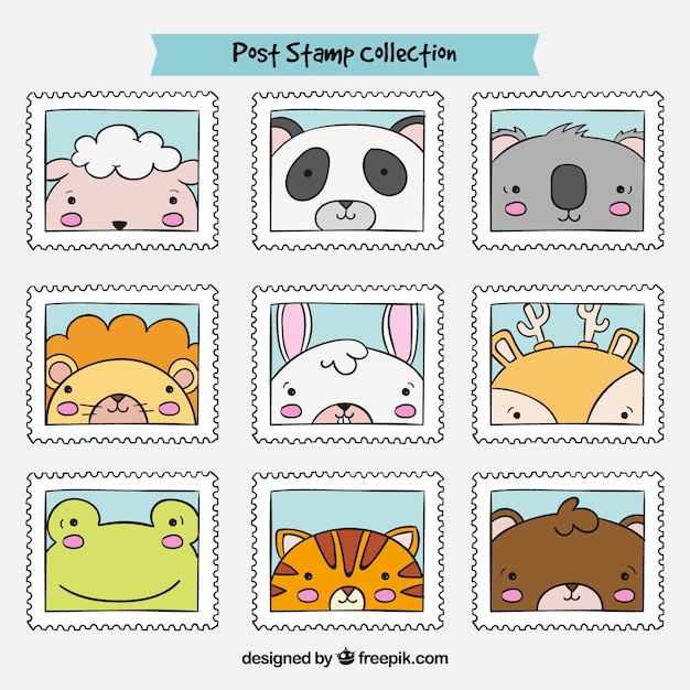 Colección de bonitos sellos de animales dibujados a mano 