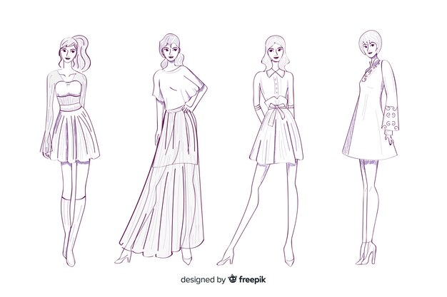 Colección de bosquejos de moda con modelos