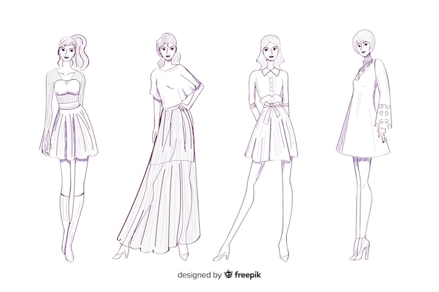 Colección de bosquejos de moda con modelos